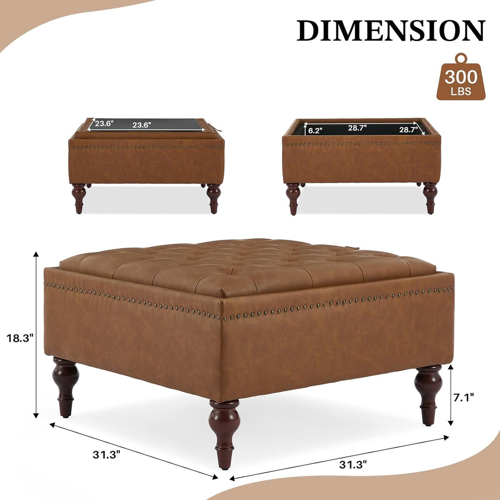 Square Ottoman Coffee Table, Large Leather Ottoman with Storage | Oversized Footstool, Anti-Slip Embedded Lid, Brass