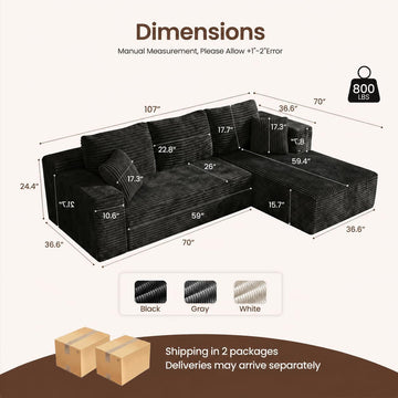 108" L Shaped Boneless Couches, Comfy Modular Deep Seat Compressed Corduroy Sofa, Side Pocket Black, Right Facing