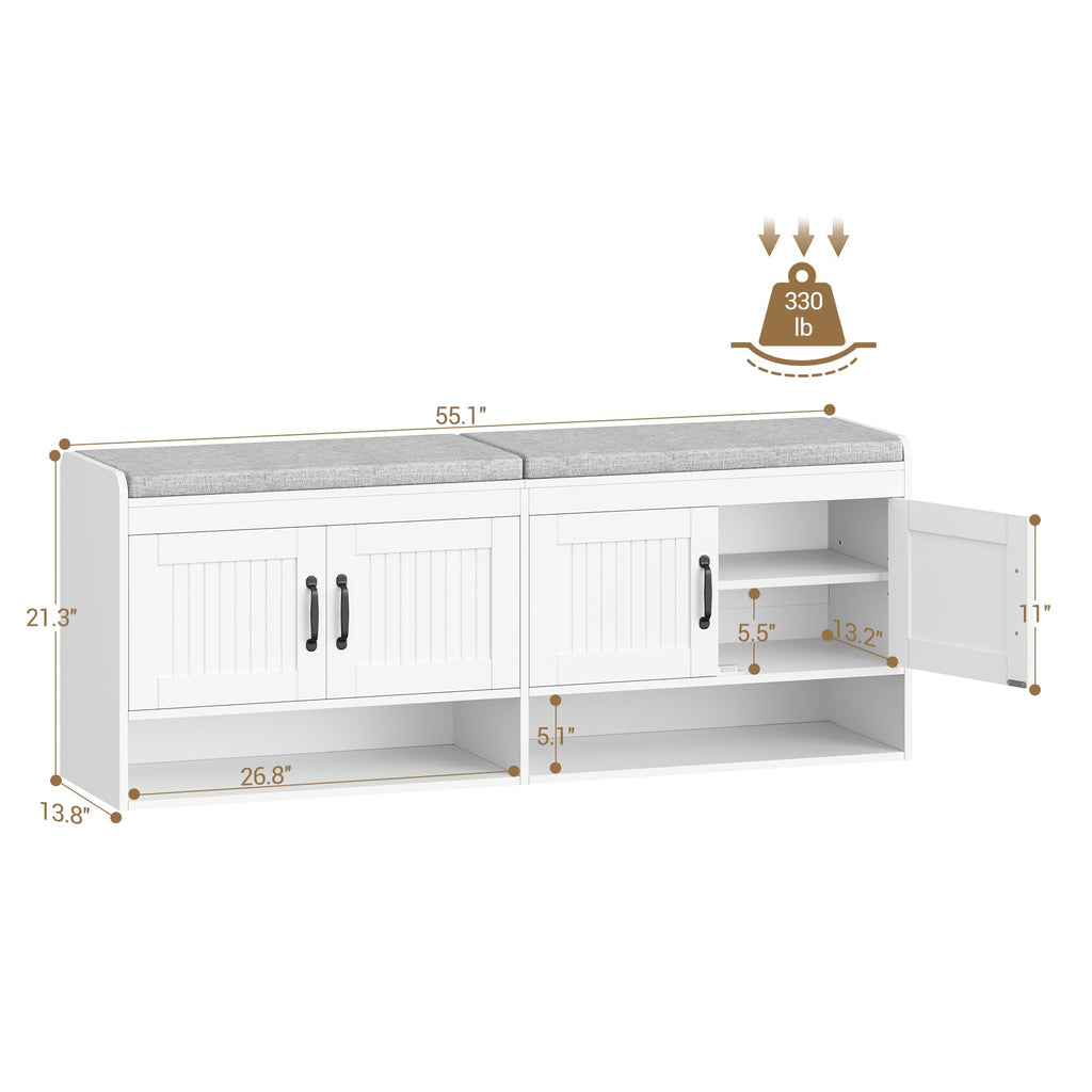 55.1" Shoe Storage Bench, Shoe Bench with 4 Doors & Padded Cushion