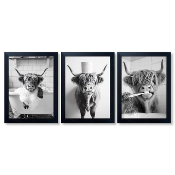 Highland Cow Bathroom Decor Framed Wall Art Farmhouse Black and White 3pcs Funny Animal In Toilet Picture Prints Cute