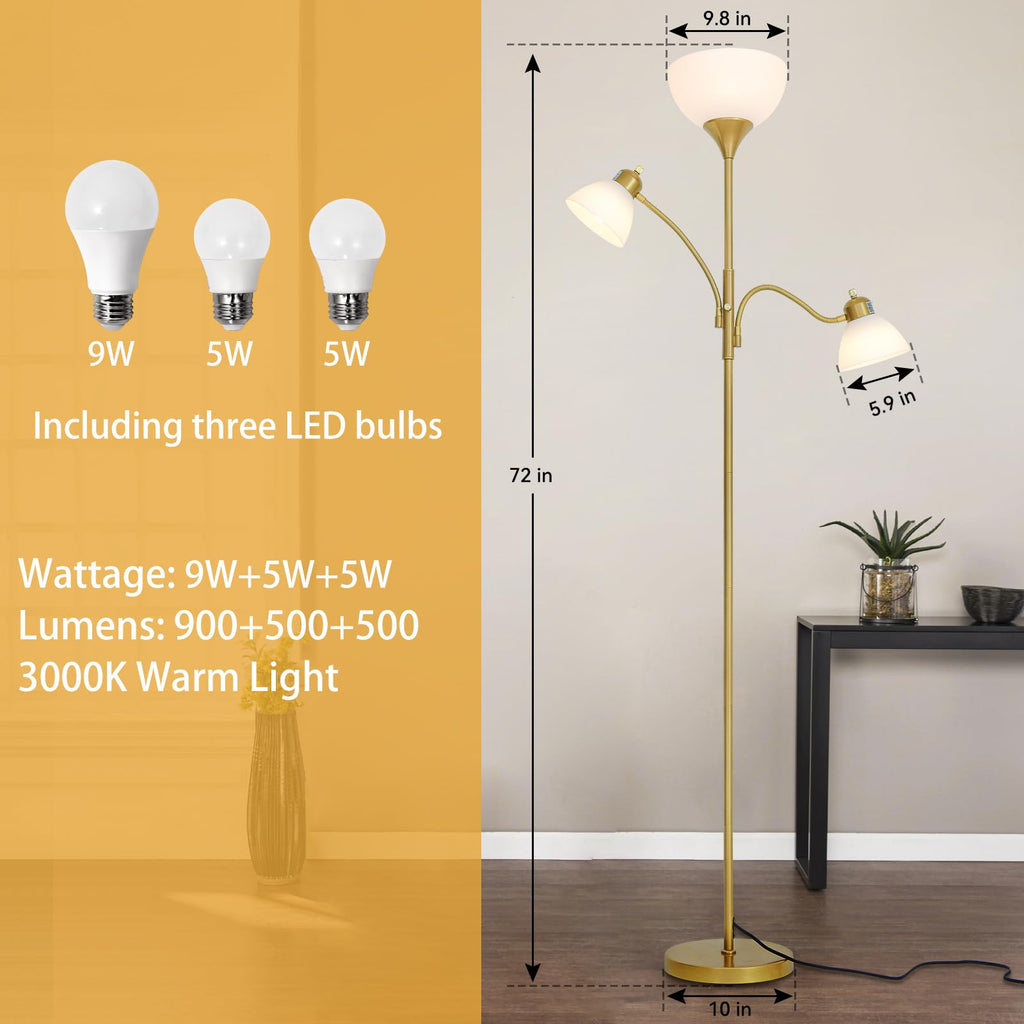 Floor Lamps, Standing Lamp with Stepless Dimming, 3 Lights Adjustable Reading Lights, Morden Tall Lamps, Gold
