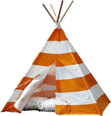 Indoor Teepee Tent - Durable Cotton Canvas with White Stripes, Easy Assembly, Orange Playhouse