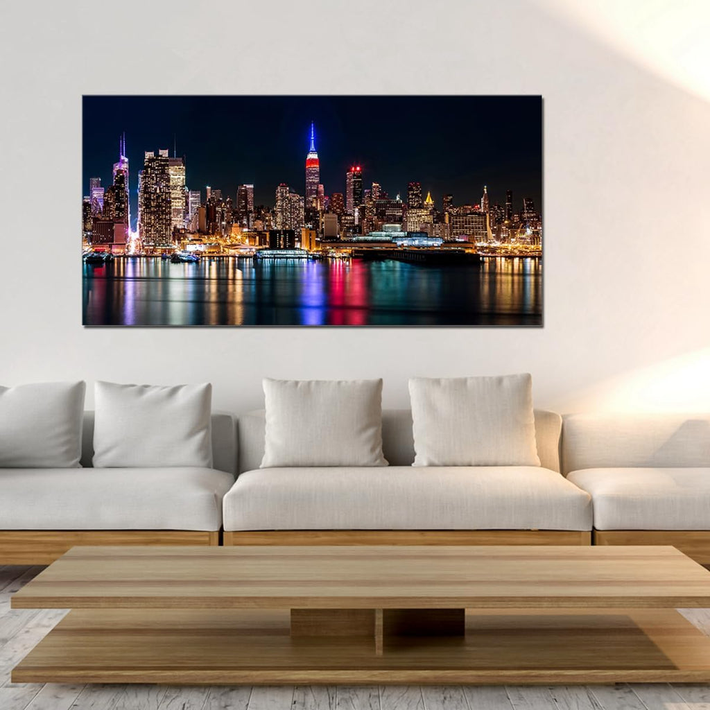 Large New York Manhattan Skyline at Night City Wall Art Landscape Living Room Modern Artwork Picture Canvas Art Print