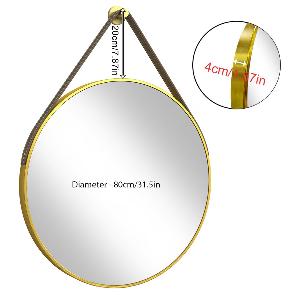 Hanging Strap Wall Mirror: 31.5in Round Bathroom Mirror Gold Frame