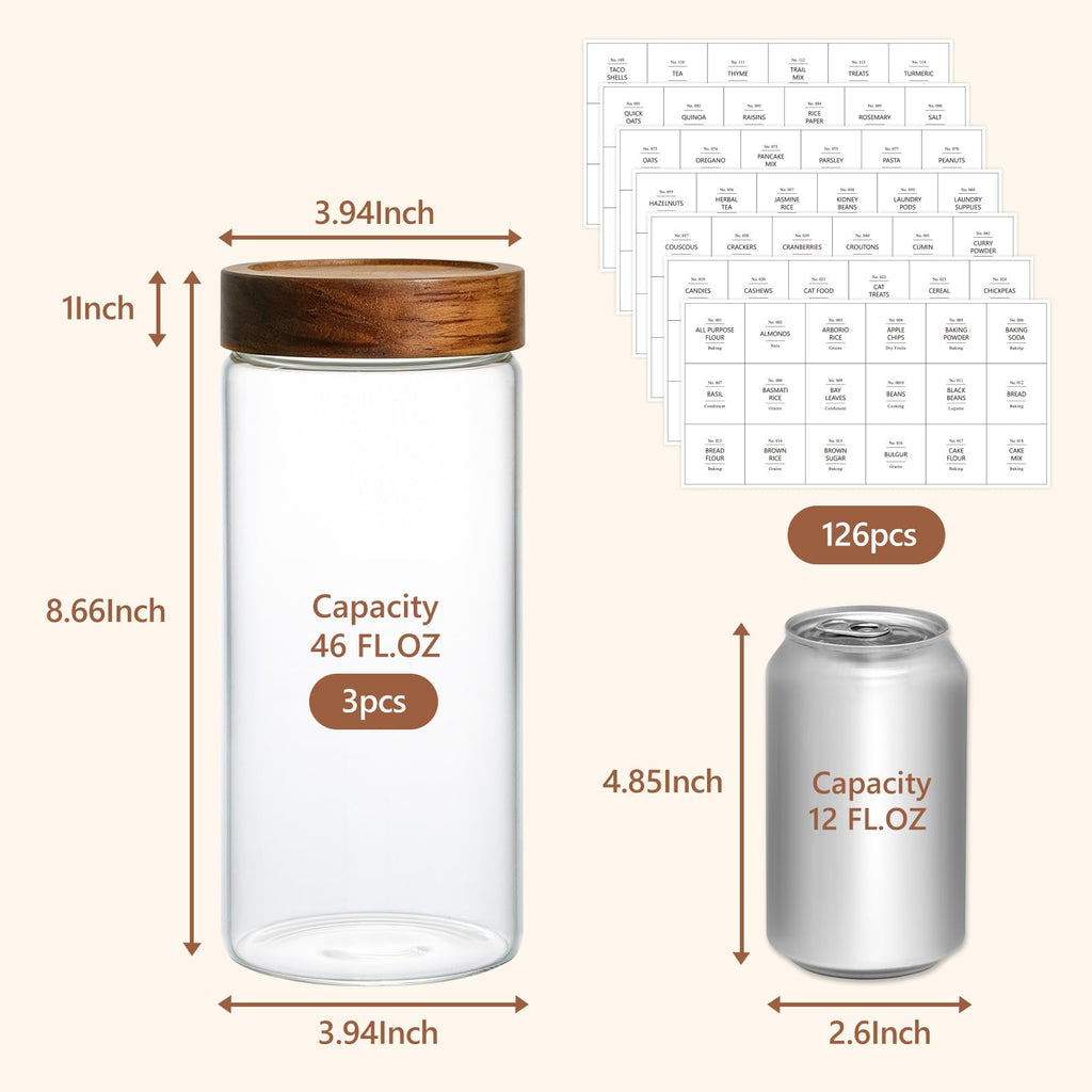 46 fl.oz Glass Jars with Airtight Lids, Food Storage Jars 3Pcs