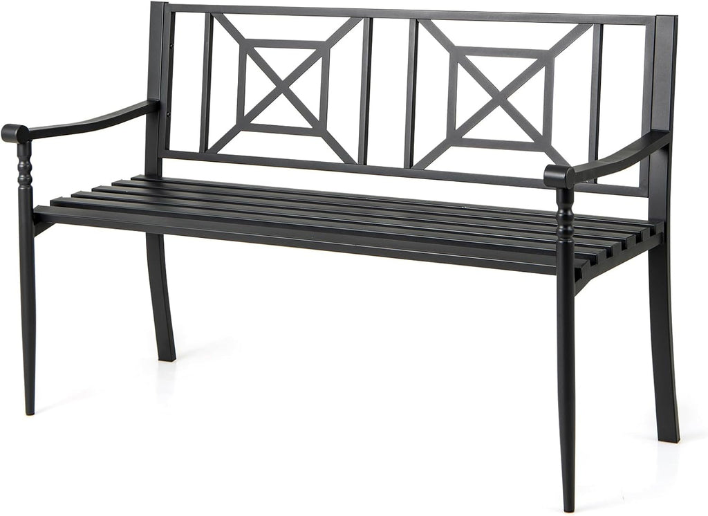 Metal Outdoor Bench with Backrest, Curved Armrests, Non-Slip Foot Pads, Slatted Seat for 2-3 Persons, Load 660lbs