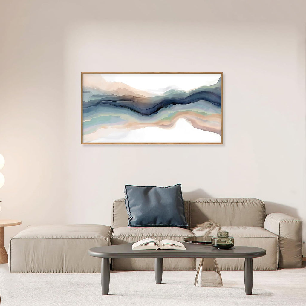 Navy Blue Abstract Framed Canvas Wall Art, Watercolor Wave Line Horizontal Wall Decor, Long Teal Orange Coastal