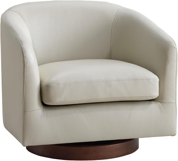 Genuine Leather Swivel Accent Chair, Barrel Chair, Soft Greige