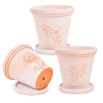 Set of 3, 8 Inch Floral Leaf Embossed Terra Cotta Plant Pots