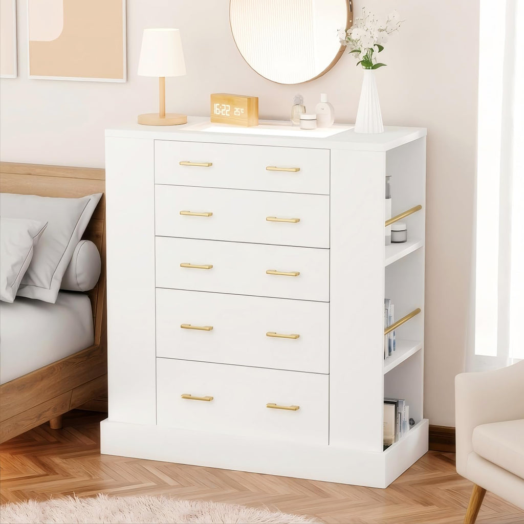 Glass Top Dresser with LED Lights and 6 Open Shelves, White