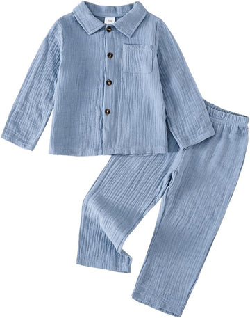 Toddler Boy Girl Fall Clothes Cotton Linen Long Sleeve Shirt Pants Set Unisex Casual Outfit
