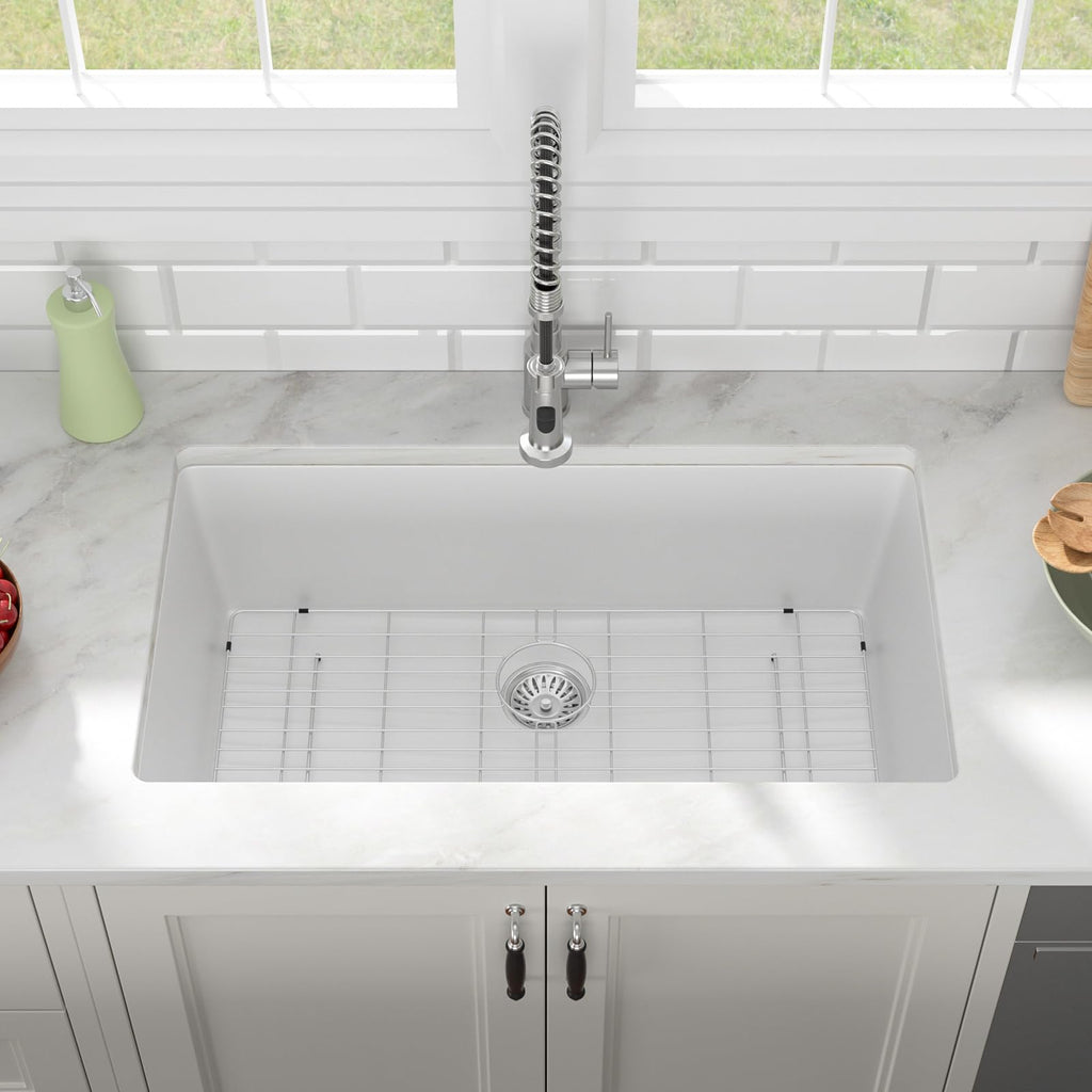 33x19 Inch White Granite Composite Quartz Undermount Single Bowl Kitchen Sink Under Counter Contemporary Kitchen Deep