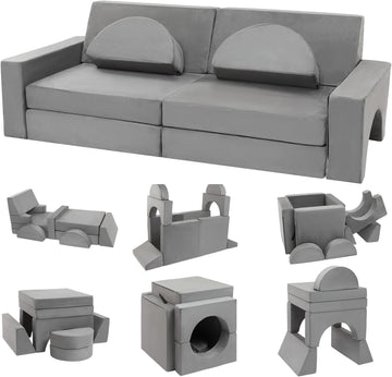 Modular Kids Play Couch, Fort Building Kids Couch for Room, Toddler Sofa That Folds, Grey