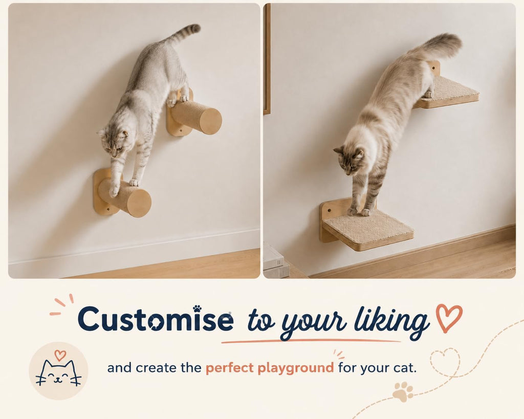 Cat Wall Shelves 6-in-1 Wall Mounted Cat Furniture with Perch & Hammock, Wooden Climbing Shelves with Scratching Post