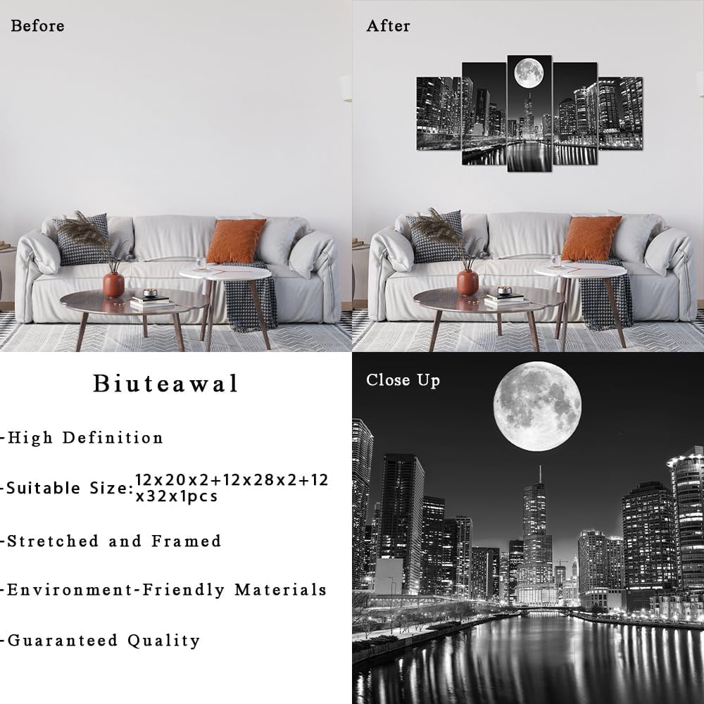 5 Panel Chicago Skyline Wall Art Cityscape at Moon Night Picture Canvas Prints Modern Black and White City Painting