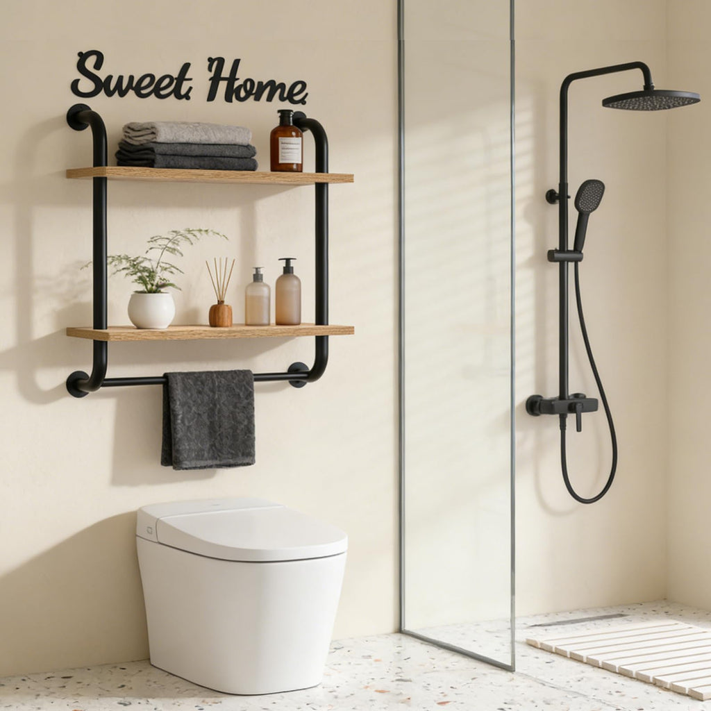 Bathroom Shelves Wall Mounted, Rustic Farmhouse Pipe Shelves, 2-Tier, Industrial Shelving Over Toilet, Floating Shelf