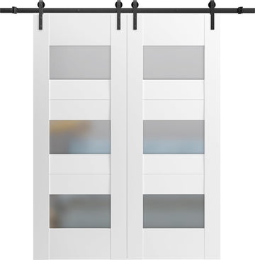 Modern Double Barn Door 60x96 inches with Opaque Glass/Sete 6003 White Silk / 13FT Rail Track Set/So