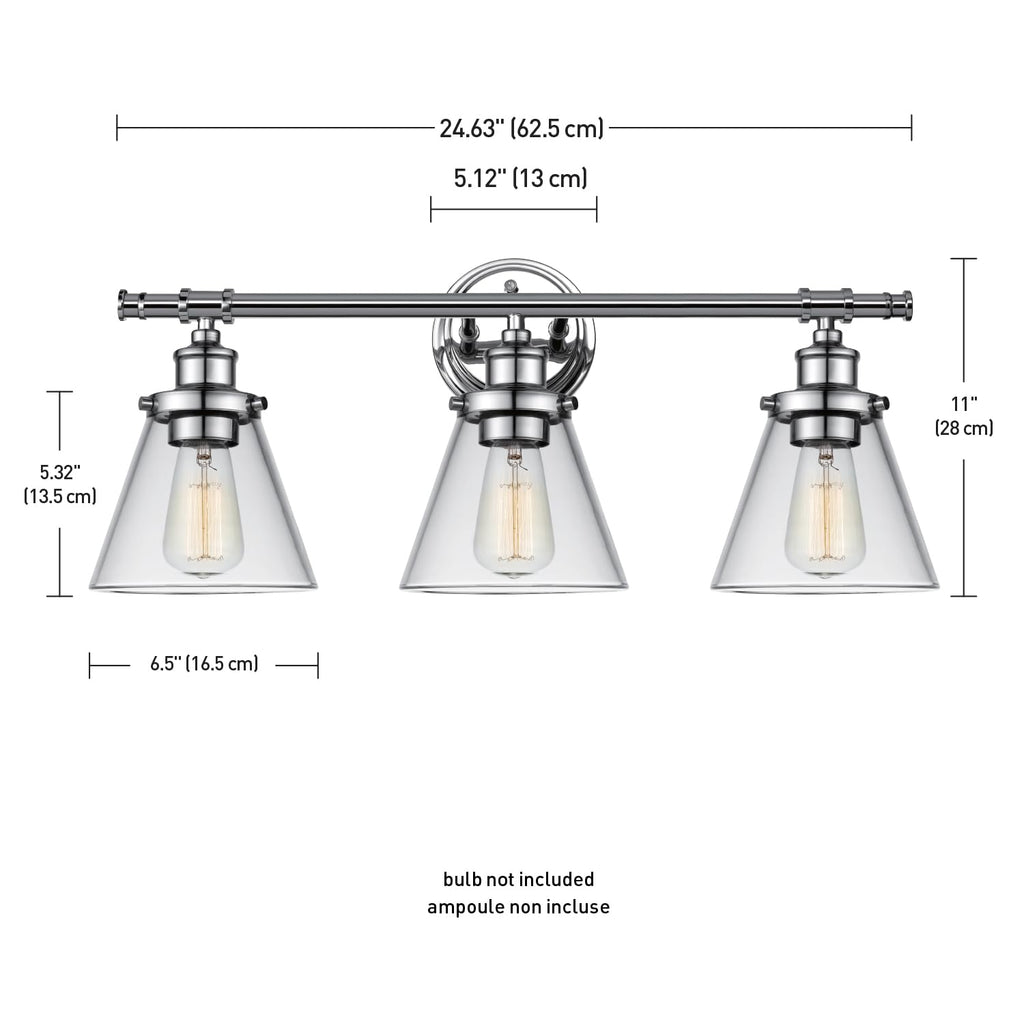 Parker 3-Light Vanity Light, Chrome, Clear Glass Shades, Bulb Not Included
