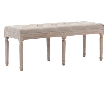 45.3" Upholstered Dining Room Bench, Rustic Living Room Ottoman Bench with Carved Pattern & Rustic White Brushed