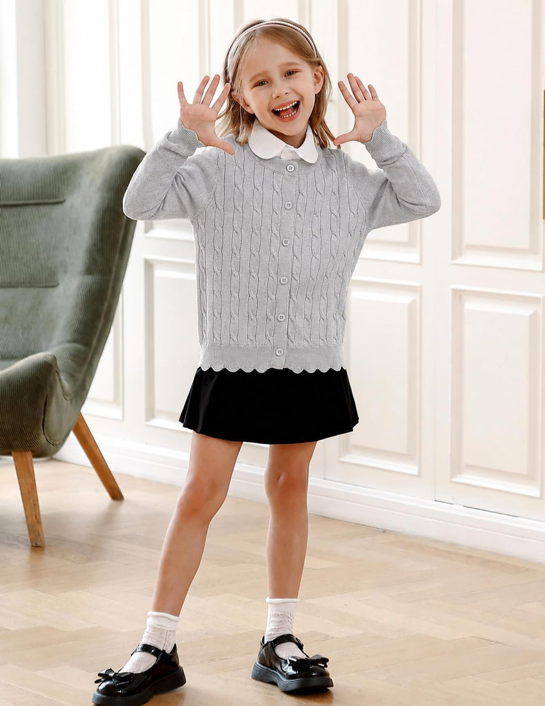 Girls Cable Knit Cardigan Kids Button Up Uniform Sweater Tops