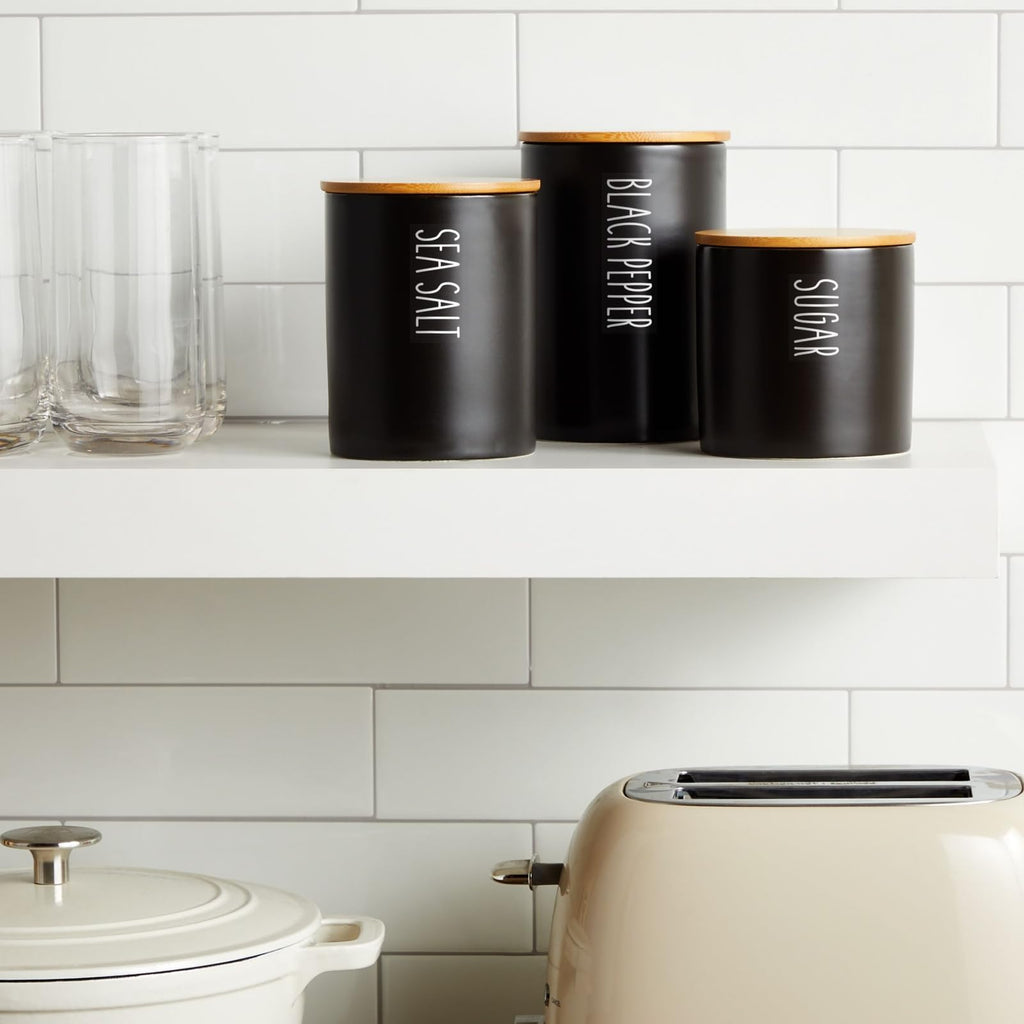 Set of 3 Matte Black Kitchen Canister with Airtight Wooden Bamboo Lids, Kitchen Counter Containers, Food Storage
