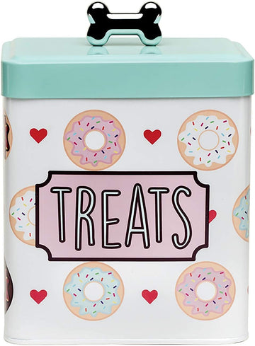 Pet, Barkers Dozen Metal Treats Canister, Doughnuts and Hearts Design, Food Safe, Push Top Lid with Metal Bone Shaped