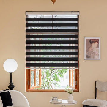 Zebra Blinds for Windows, Roller Light Filtering Control Semi Sheer Windows Shades, Black Dual Layer Fabric Manual