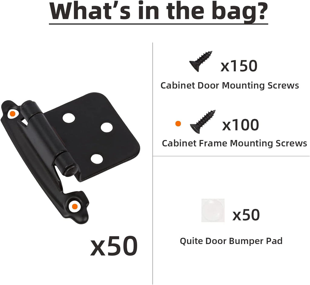 1/2" Overlay Matte Black Cabinet Hinges 50 Pack (25 Pair) Self Closing Bath & Kitchen Cabinet Hinges Black Flush Mount