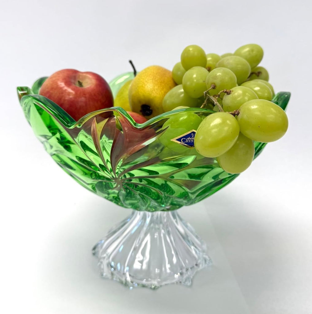 11.25-Inch Bohemian Crystal Footed Fruit Bowl FLORA, Gift Platter, Crystal, Deep Plate, Green