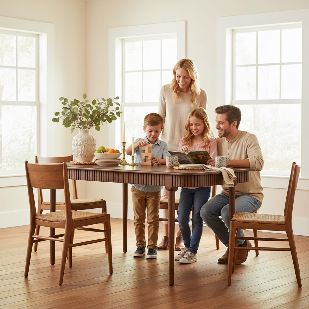 Mid-Century 63 Inch Solid Wood Dining Table for 4-6, Retro Farmhouse Kitchen Table with Large Tabletop, Modern Table