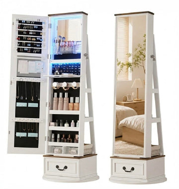 Jewelry Cabinet with Full Length Mirror, Lockable, Swivel, White