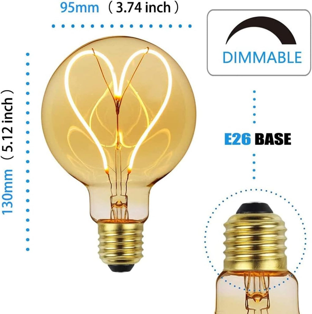 G95 Led Edison Bulb 4W Dimmable Heart Led Filament Vintage 110/130V E26 Decorative Light Bulb,2300K Warm Yellow Amber
