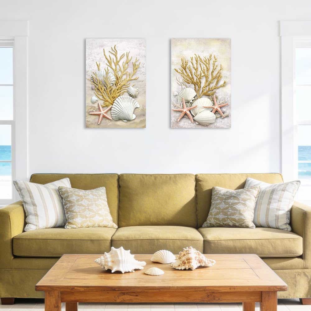 Coastal Wall Art 2 Piece Canvas Yellow Coral Wall Decor Bathroom Nautical Picture Starfish Shell Prints Beach Home