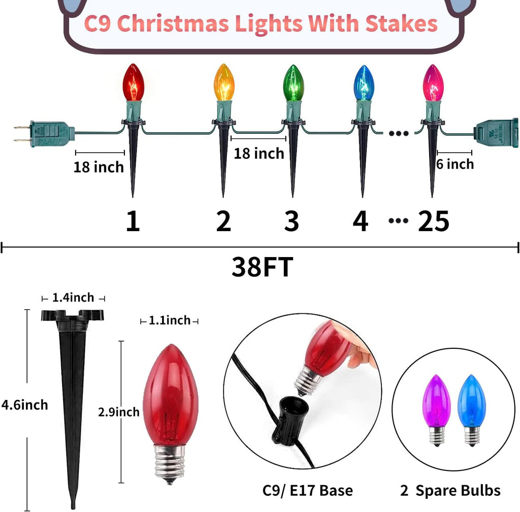 38 Feet C9 Christmas Pathway Lights Christmas Decorations Outdoor Yard, 25Pack Walkway Lights with 25 Marker Stakes