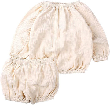 Unisex Baby Cotton Linen Blend Long Sleeve Top and Bloomer Shorts