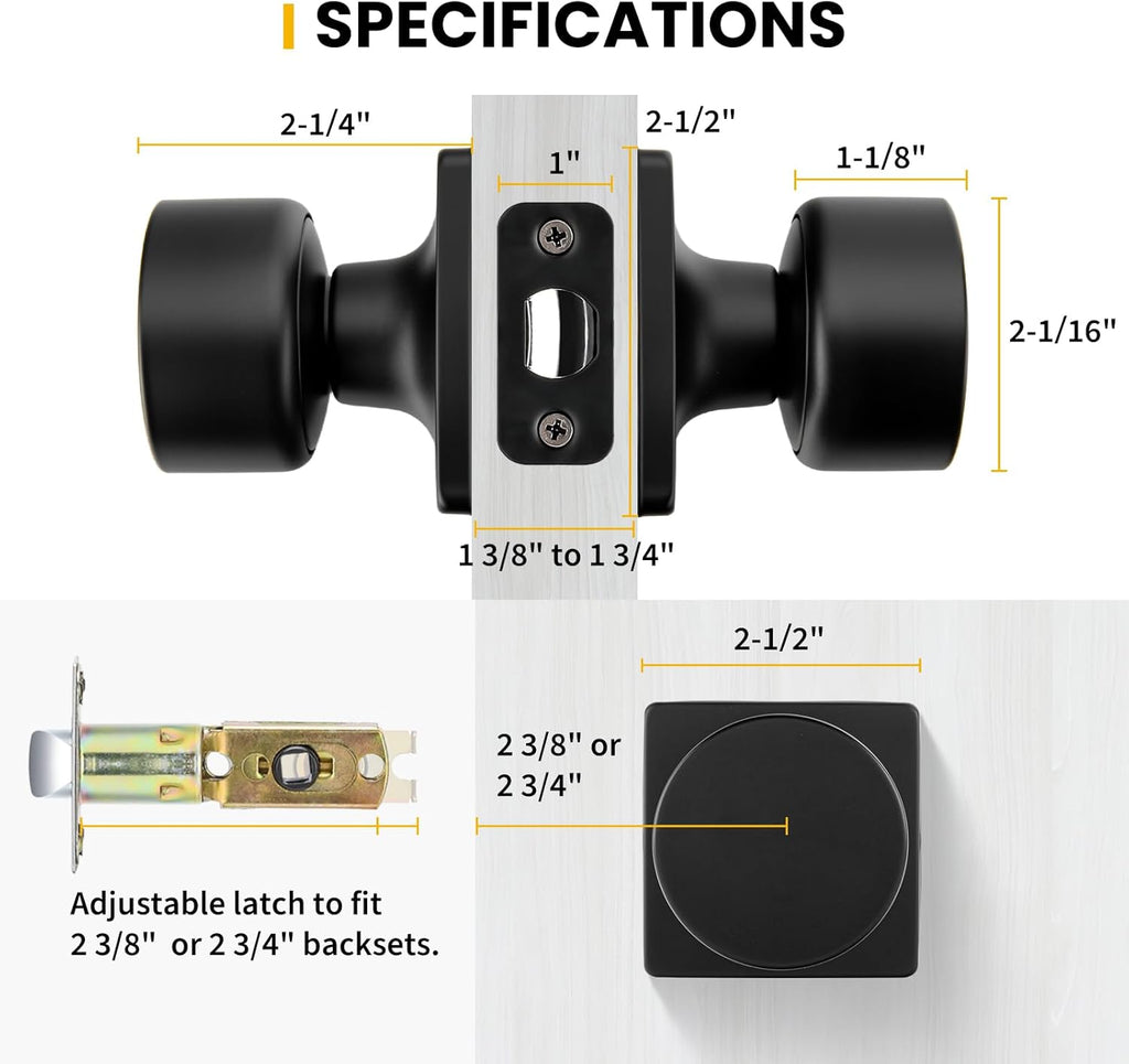 Matte Black Closet Door Knobs, Passage Door Knobs Interior Hallway, Black Closet Door Knob No Lock 6 Pack