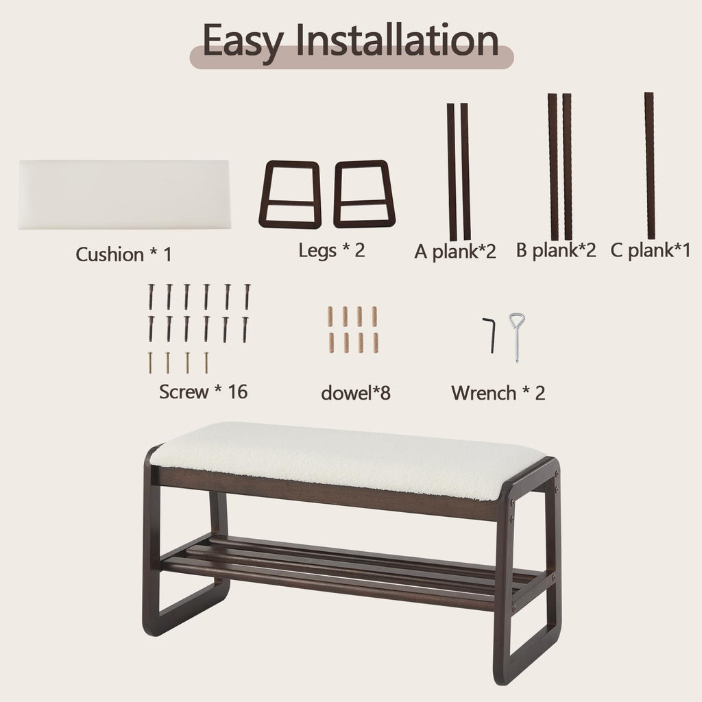 Shoe Rack Bench, 2 Tier Solid Wooden Entryway Bench(Cream White, 31.5")