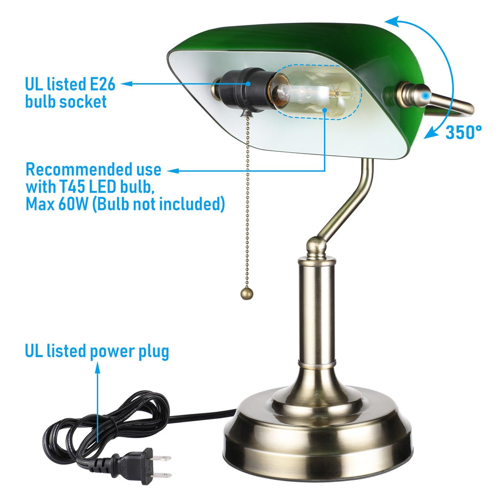 Green Glass Bankers Desk Lamp with Pull Chain, E26 Base