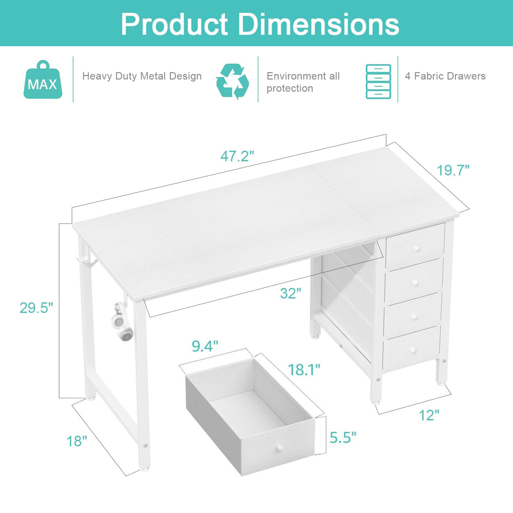 White Computer Desk with Drawers, 47 Inch Reversible Study Work Writing Desk Bedroom, Simple Modern Cute PC Desks