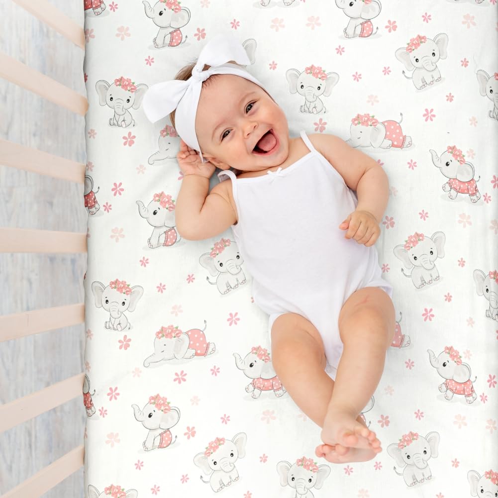 Baby Girl Crib Bedding Set Pink Elephant Crib Nursery Comforter Bed Sets Decor with Fitted Crib Sheet, Comforter and