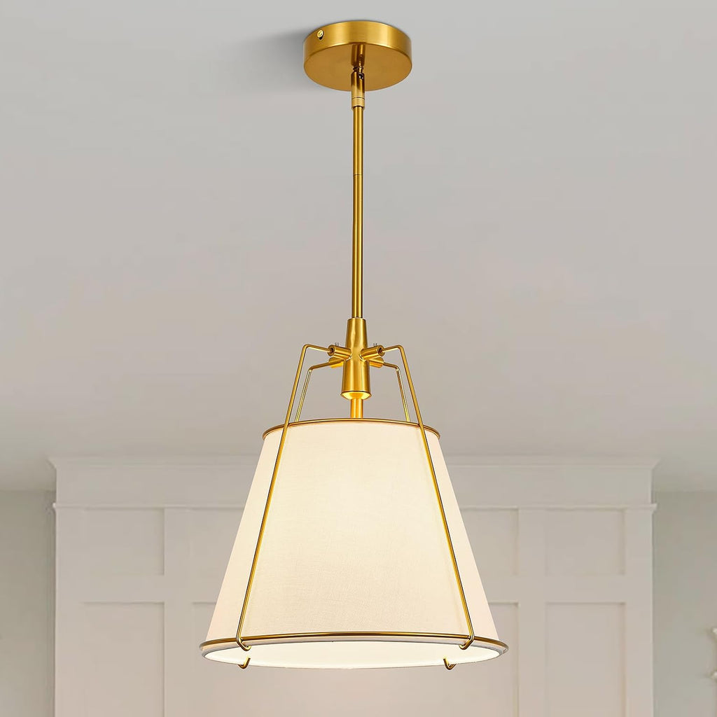 Modern Pendant Light Fixtures with 12" White Linen Fabric Shade, Adjustable Hanging Light Fixture,Drum Gold Vintage