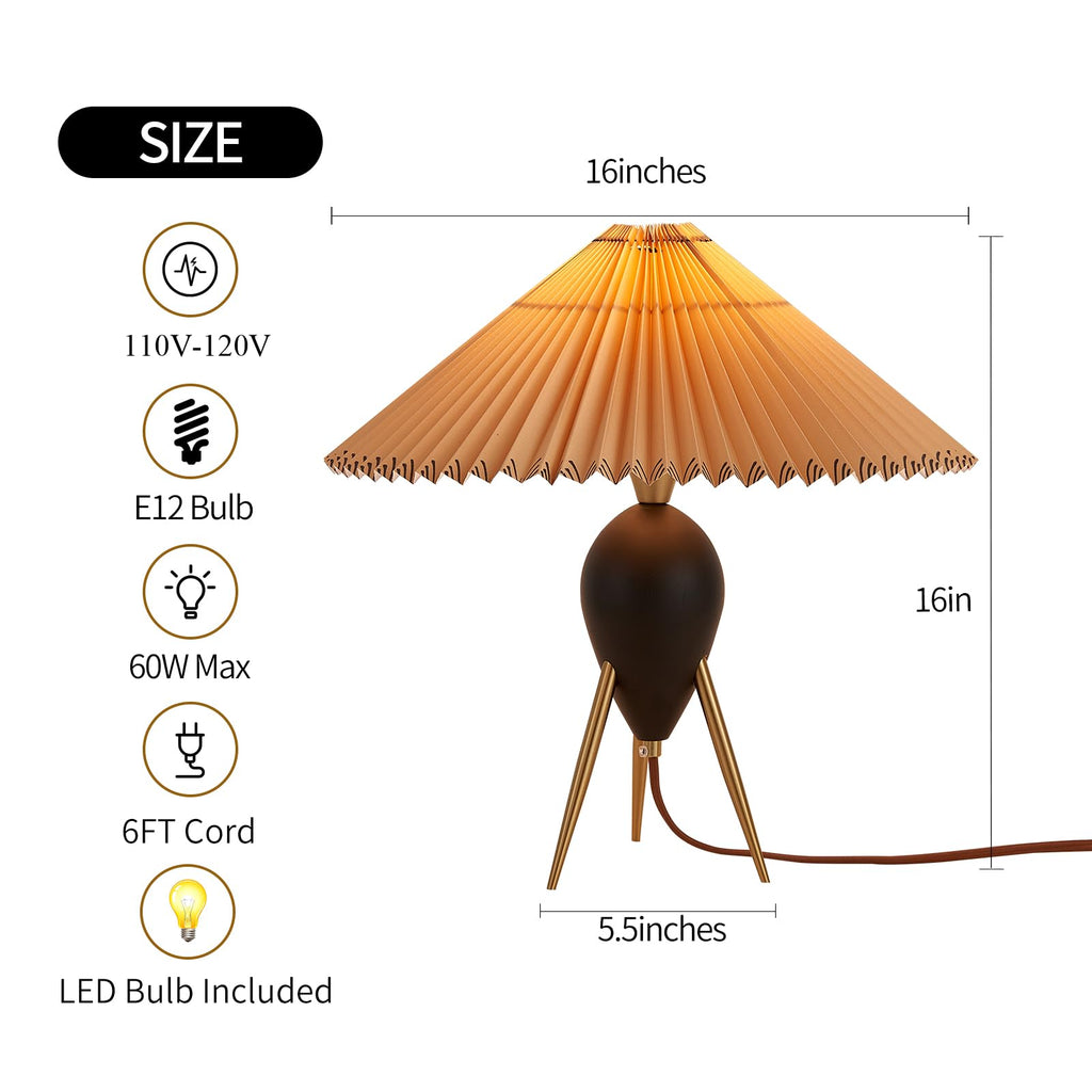 Japandi Zen Table Lamp, Black Solid Wood Tripod, Pleated Umbrella Shade