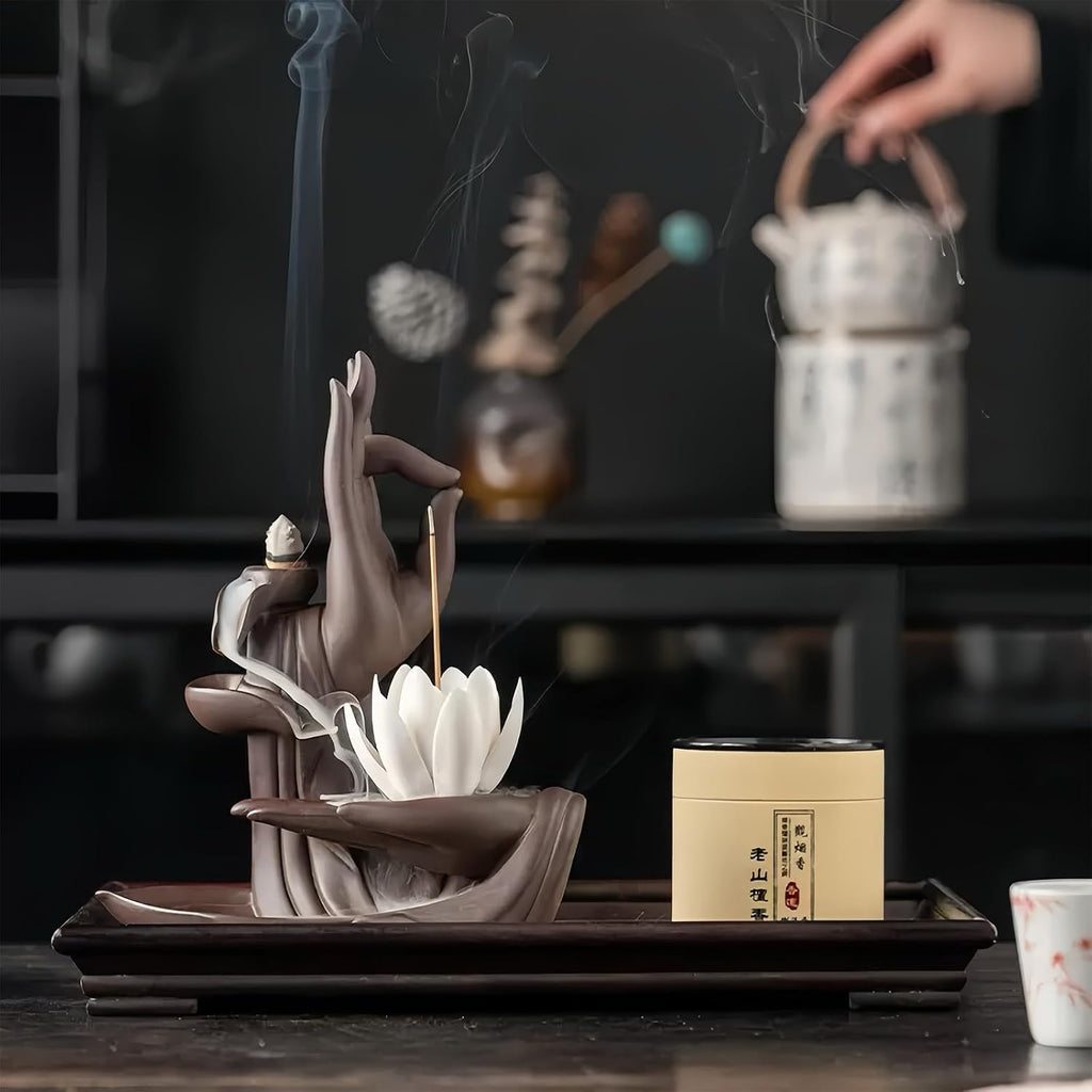 Lotus Hand Backflow Incense Burner- Ceramic Cones Incense Holder Waterfall Incense Burner & Incense Waterfall