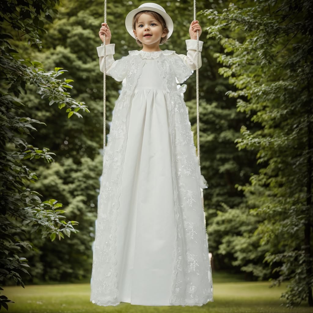 Baby Long Christening Gowns 3pcs White Lace Baptism Dress Suit with Bonnet