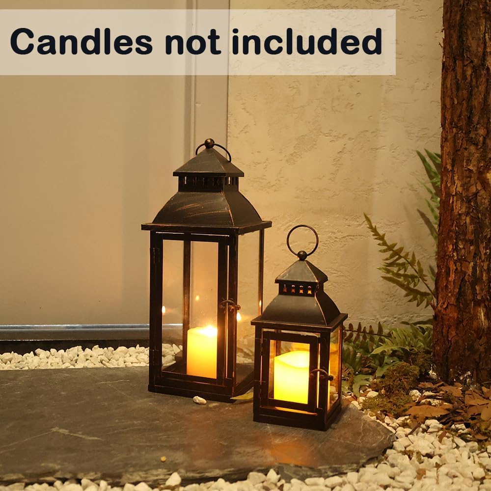 Lanterns Decorative Outdoor&Indoor, Set of 2 Large Bronze Metal Lantern Decor with Glass, Candle Holder for Porch