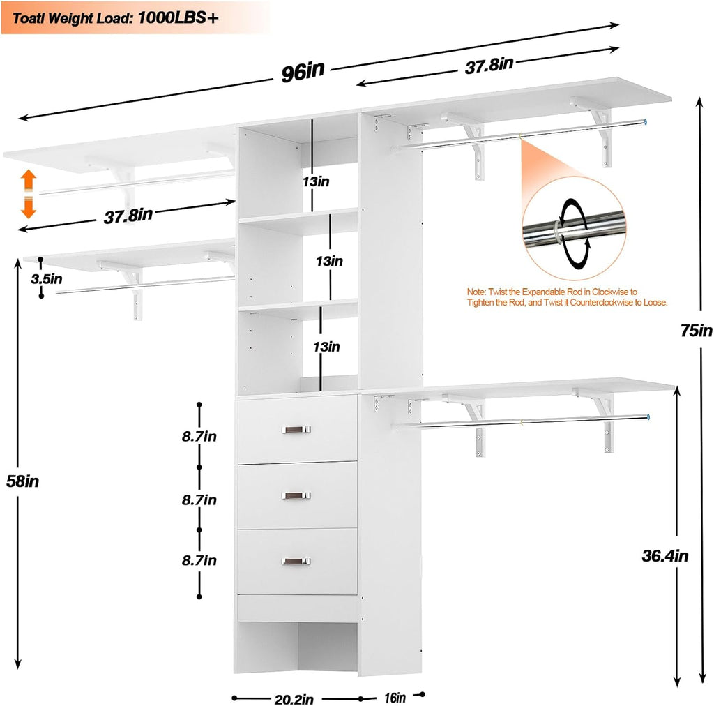 8FT Closet System, 96'' Closet Organizer System with 3 Hanging Rods, Wall Mount Bedroom Wardrobe with 3 Drawers