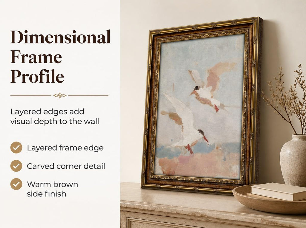Vintage Coastal Seagulls Framed Wall Art-Beach Flying Birds Canvas Print Antique Nautical Wall Decor for Beach House