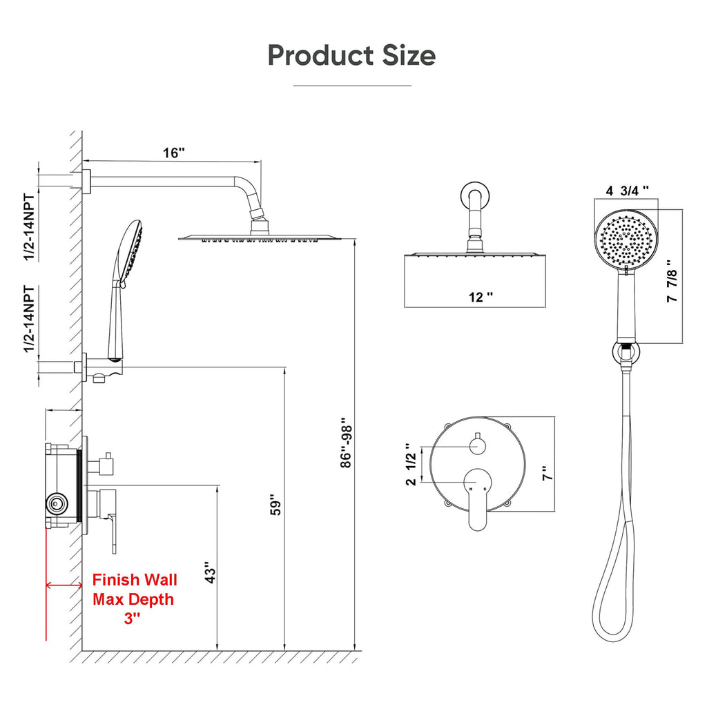 Shower System, 12" Shower Faucet Set with Handheld,Brushed Gold
