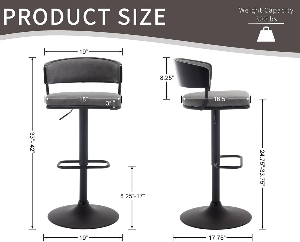 Adjustable Modern Bar Stools Set of 4 Faux Leather Barstools Swivel Counter Height Bar stools with Curved Back/Black