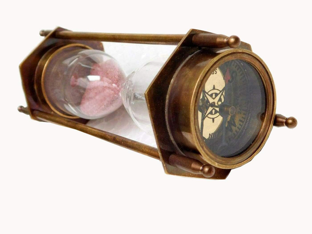 5" Decorative Brass Sand Timer Hourglass with Antique Maritime Brass Compass Rustic Vintage Home Decor Gifts